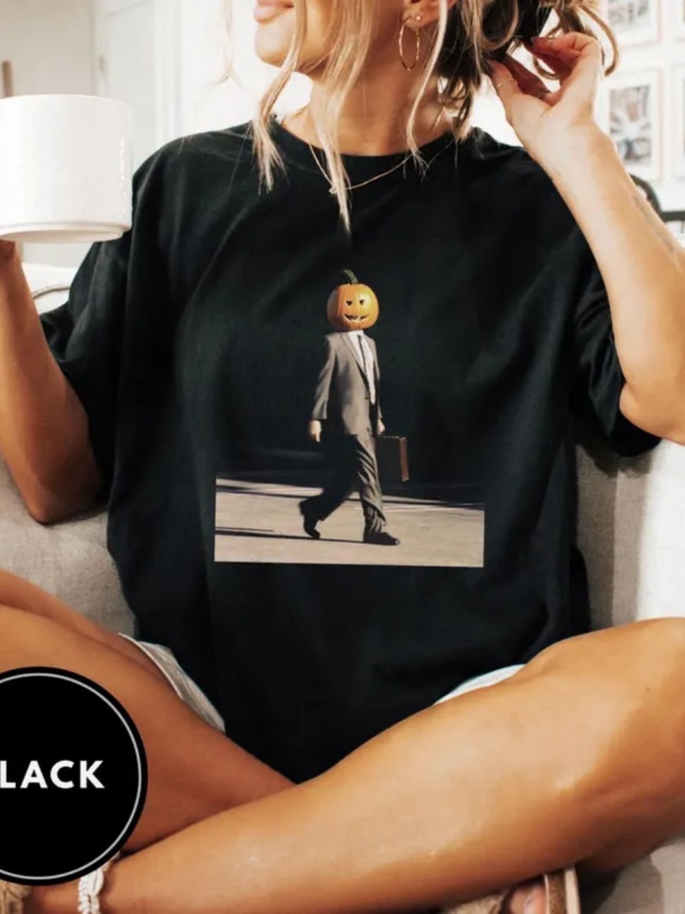 Black Graphic Pumpkin-Head T-Shirt